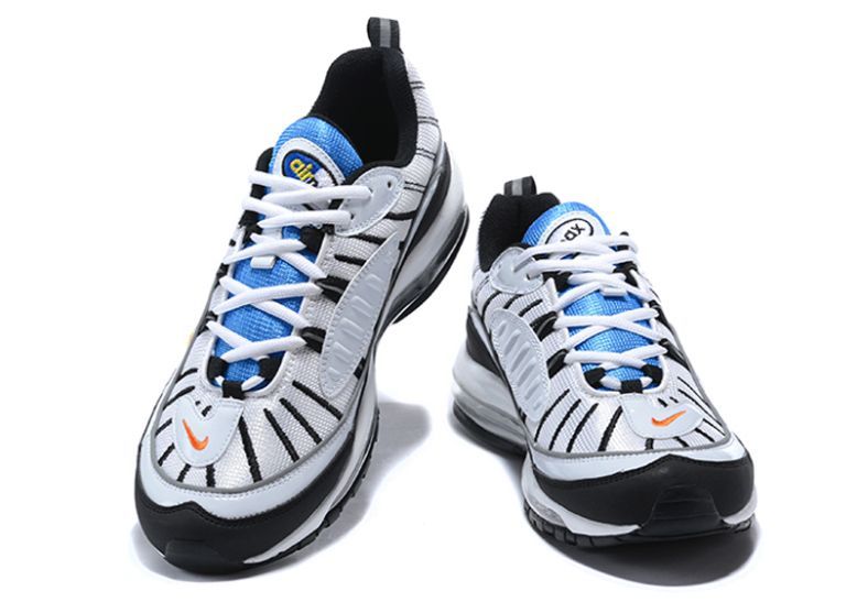 Nike Air Max 98 White/Black/Blue, белый, синий, черный, кожа, текстиль, мужские