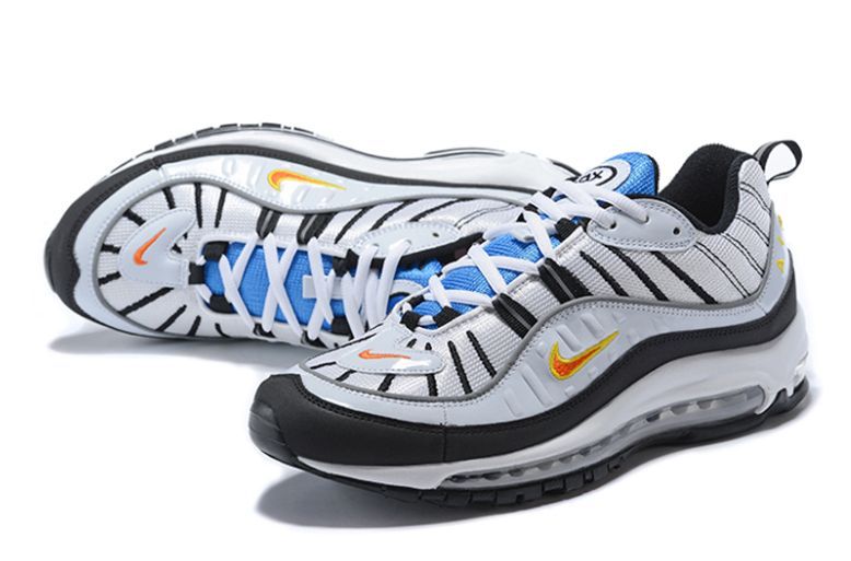 Nike Air Max 98 White/Black/Blue, белый, синий, черный, кожа, текстиль, мужские