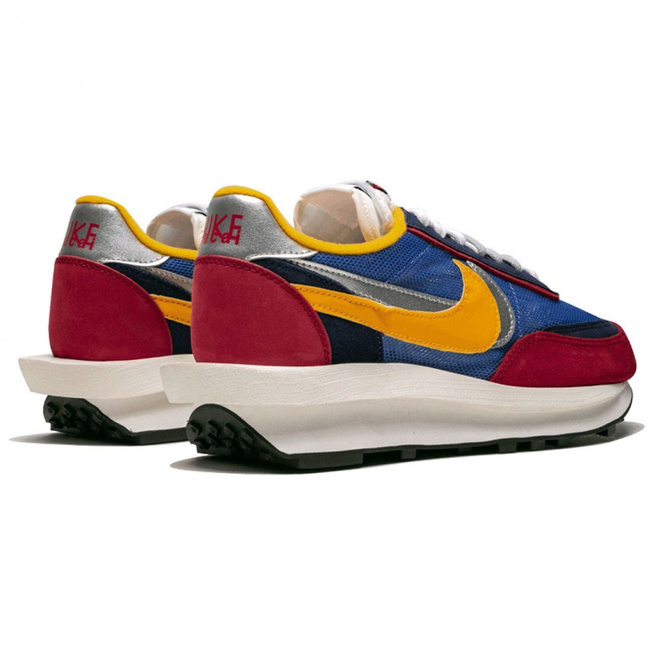 Nike Waffle Daybreak x Sacai, синий с бордовым и желтым, текстиль, сетка, замша, мужские